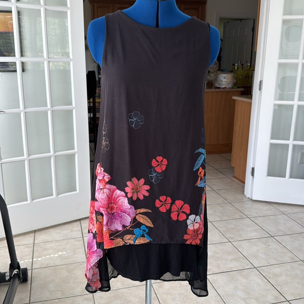 Desigual size S black shift with floral chiffon overlay. Worn once.